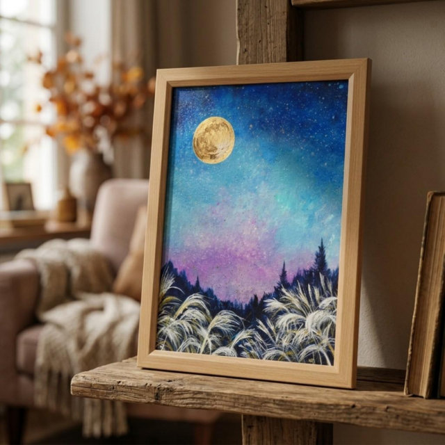 油絵原画 MOON 油彩画 原画 月 画鋲で設置可能 満月/秋の夜長】油絵 原画『月華の夜 〜満天の星と黄金の月〜』A4額縁