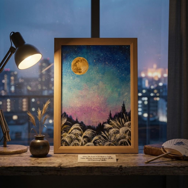 満月/秋の夜長】油絵 原画『月華の夜 〜満天の星と黄金の月〜』A4額縁