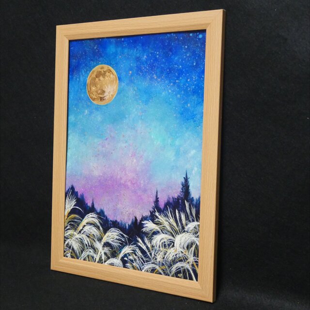 満月/秋の夜長】油絵 原画『月華の夜 〜満天の星と黄金の月〜』A4額縁