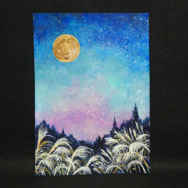 満月/秋の夜長】油絵 原画『月華の夜 〜満天の星と黄金の月〜』A4額縁