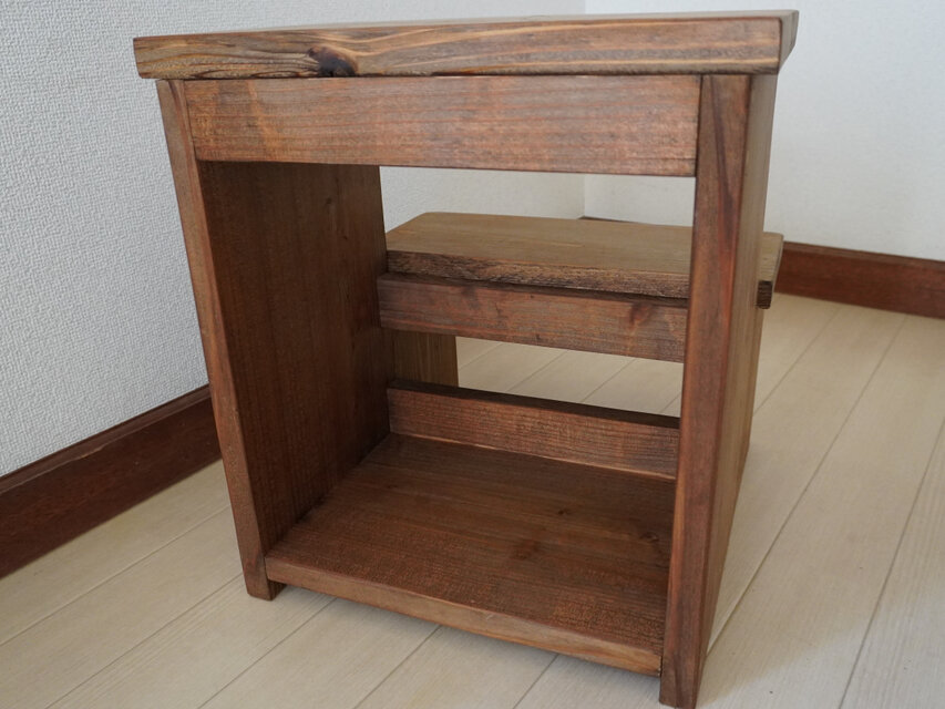 ハンドメイド 踏み台 ステップ台 木製 木製2段踏み台・ステップ台 ブラウン｜収納棚付き｜天然木の