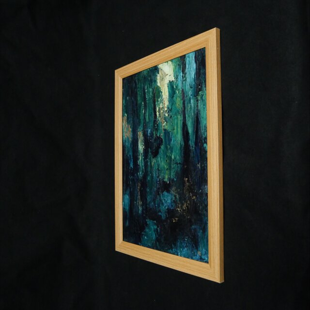 油絵 原画『深淵の灯火』A4額装込 / 抽象画 深緑と青のモダンアート