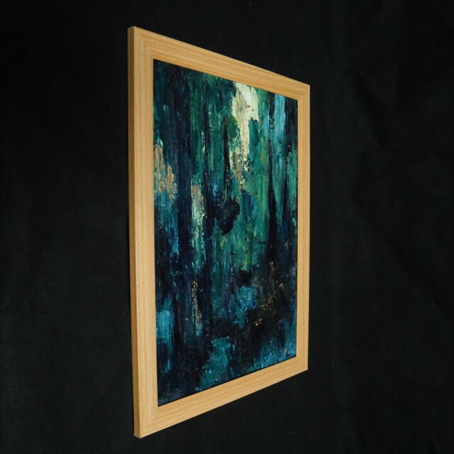 【こっぷんかっぷ】油絵　原画　一点物　現代アート　モダン　F4 油絵 原画『深淵の灯火』A4額装込 / 抽象画 深緑と青のモダンアート