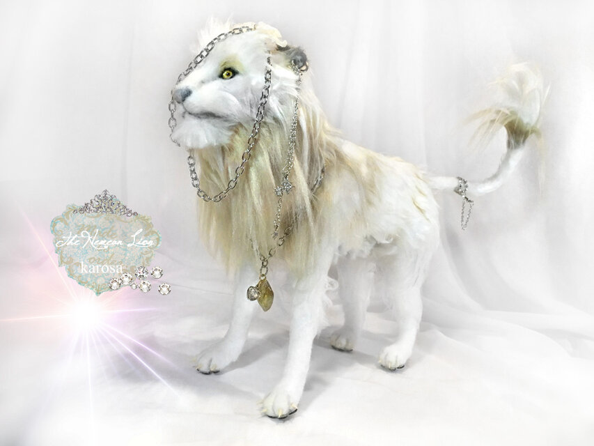 とーつ様ご確認用　​【作家様作品】羊毛フェルトの天使の白ライオン ネメアの獅子 ホワイトライオン 星座 しし座 ライオン 幻獣 全身可動