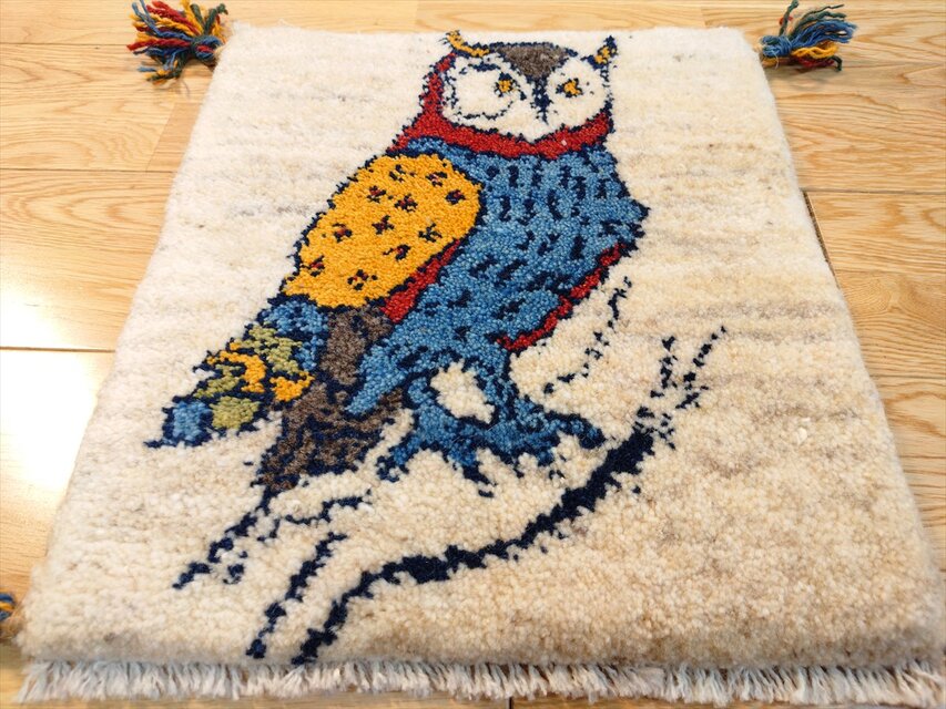 ハンドメイド ペルシャ ギャッベ ミニマット ラグ 36x39.5㎝ フクロウ
