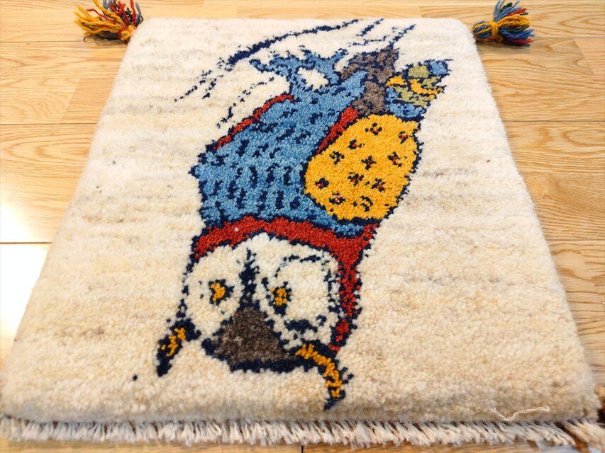 ハンドメイド ペルシャ ギャッベ ミニマット ラグ 36x39.5㎝ フクロウ