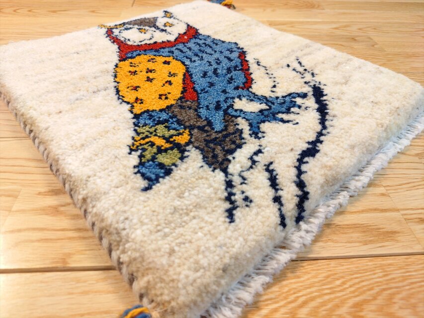 ハンドメイド ペルシャ ギャッベ ミニマット ラグ 36x39.5㎝ フクロウ