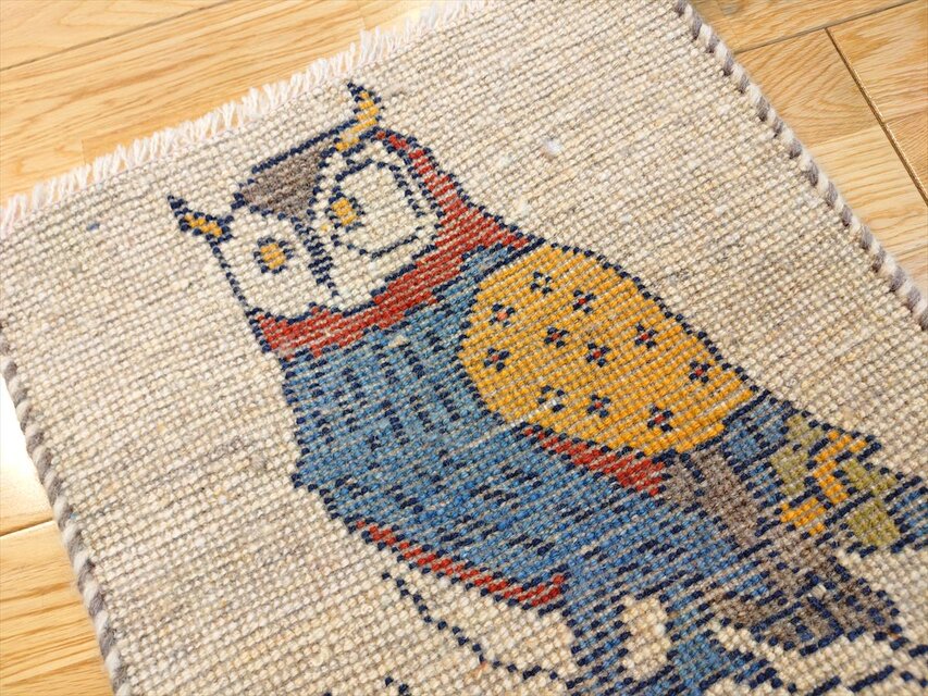 ハンドメイド ペルシャ ギャッベ ミニマット ラグ 36x39.5㎝ フクロウ