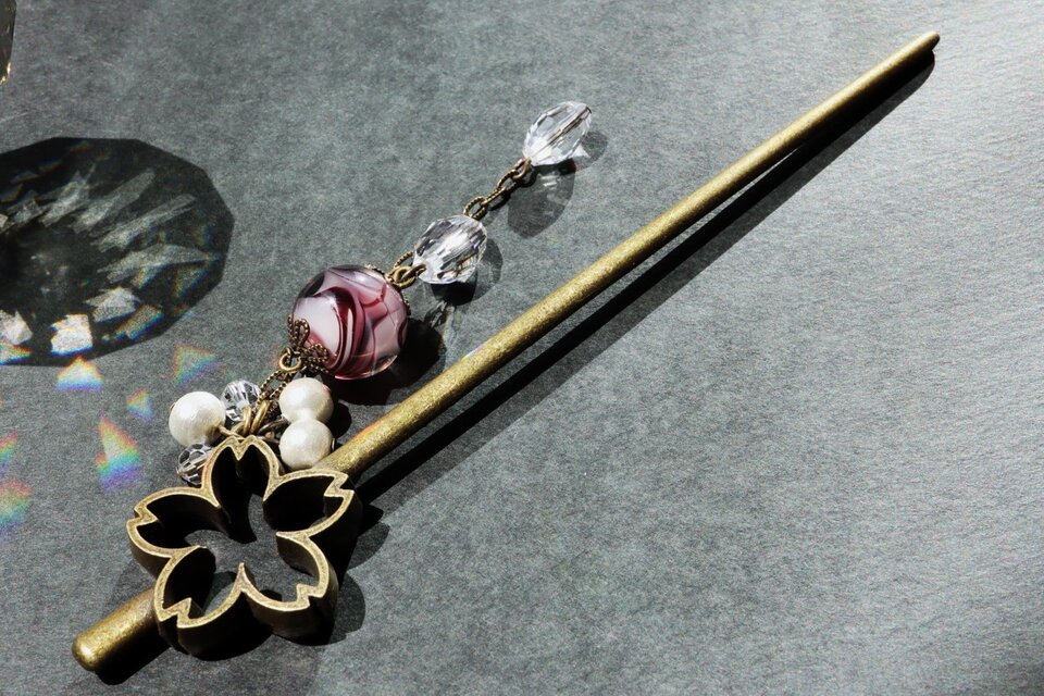 桜 かんざし 一本簪 とんぼ玉 日本製 髪飾り 大阪 ガラス 工芸品 紫