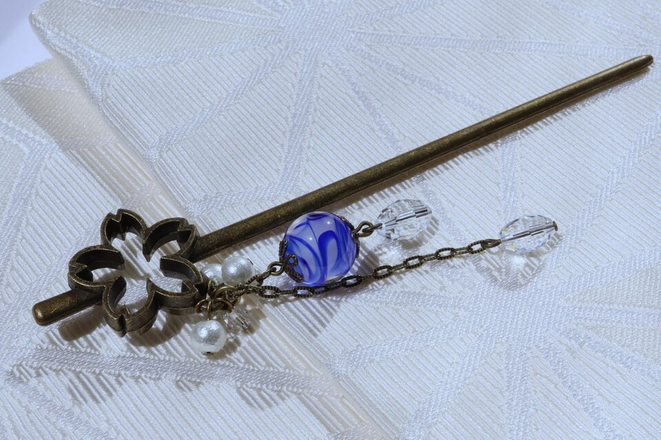 桜 かんざし 一本簪 とんぼ玉 日本製 髪飾り 大阪 ガラス 工芸品 青