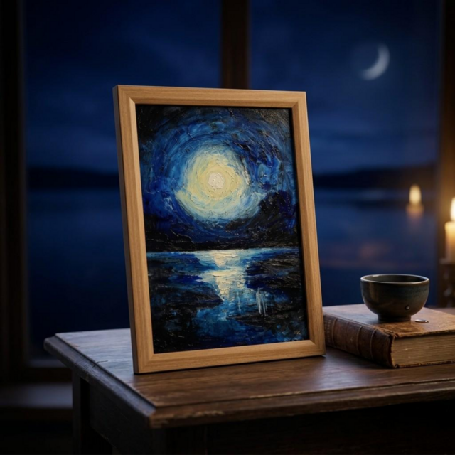油絵 原画『思考の凪』 A4 絵画［額縁・ギフトラッピング付］月 夜の海