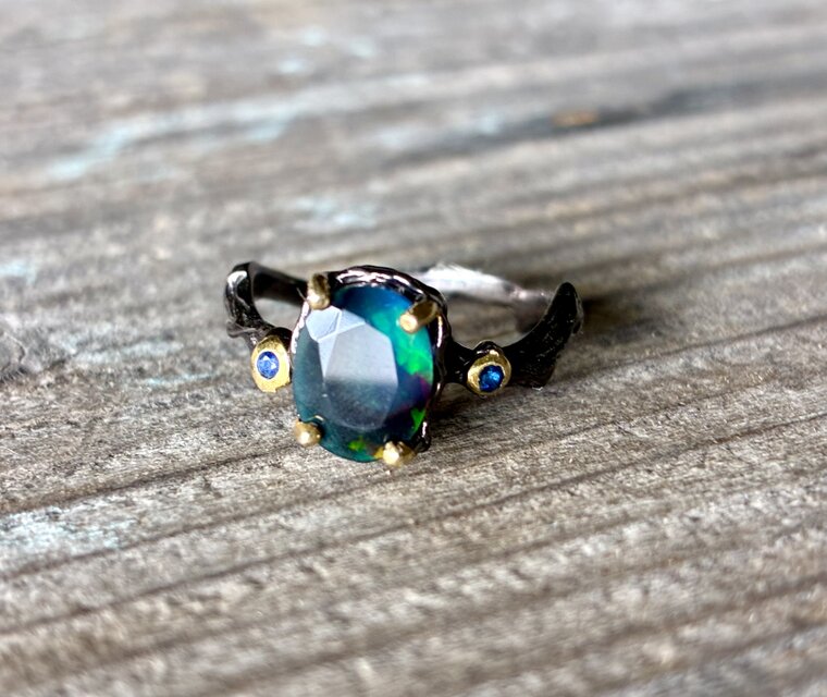 一点物 ブルーパール×ブラックオニキス ダブルリング SV925 sv925*Deep Sea Aurora Black Opal Ring 深海のオーロラ◇ブラック
