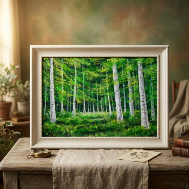 油絵 絵画【白樺の森 / Eternal Green】A4 額付き・ギフトラッピング付