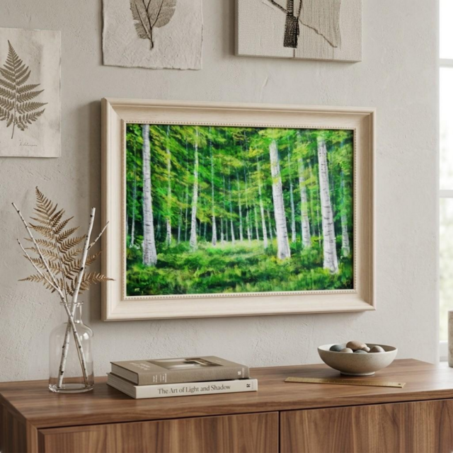 油絵 絵画【白樺の森 / Eternal Green】A4 額付き・ギフトラッピング付