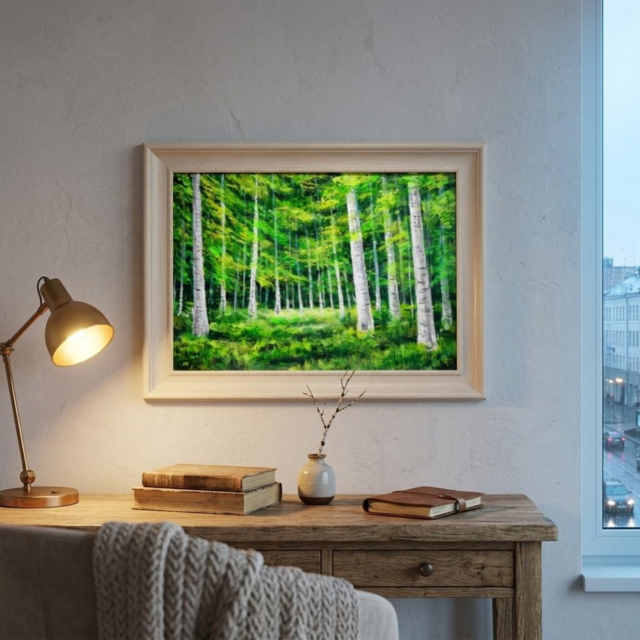 油絵 絵画【白樺の森 / Eternal Green】A4 額付き・ギフトラッピング付