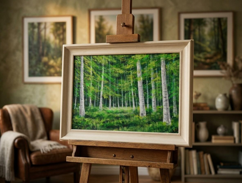 油絵 絵画【白樺の森 / Eternal Green】A4 額付き・ギフトラッピング付