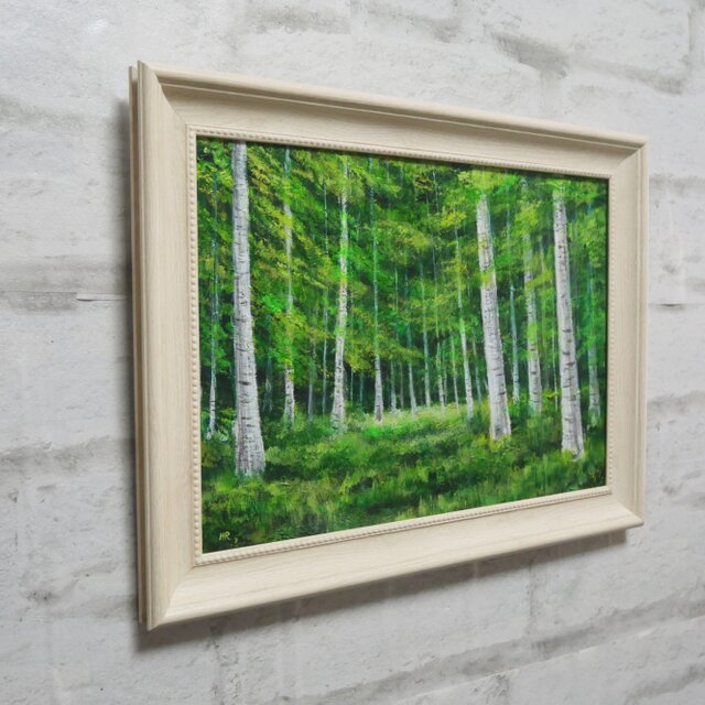 油絵 絵画【白樺の森 / Eternal Green】A4 額付き・ギフトラッピング付