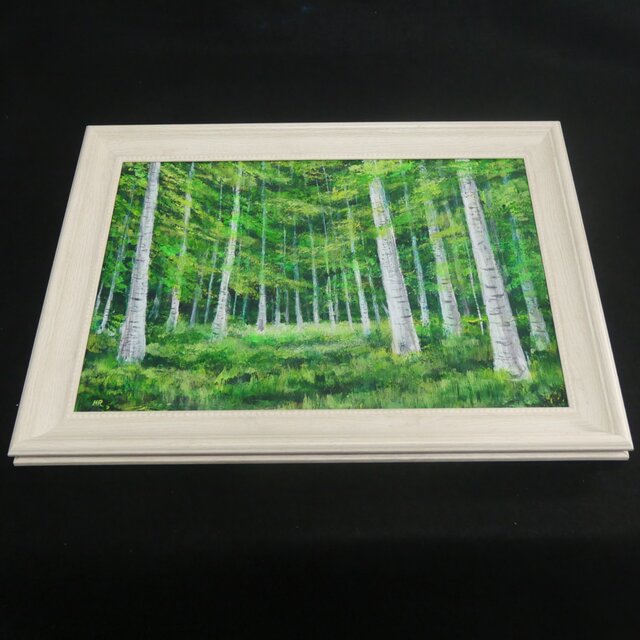 油絵 絵画【白樺の森 / Eternal Green】A4 額付き・ギフトラッピング付