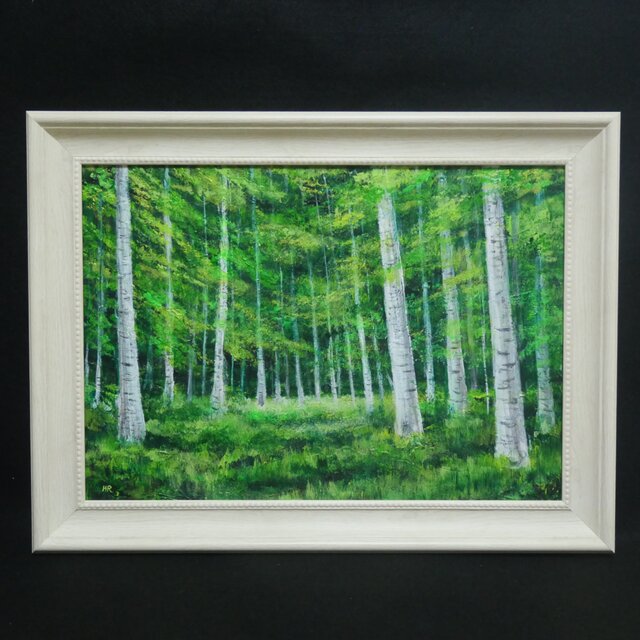油絵 絵画【白樺の森 / Eternal Green】A4 額付き・ギフトラッピング付