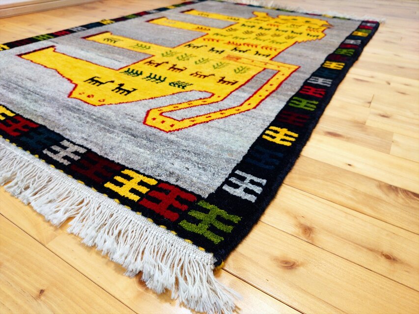 ペルシャ オールドギャッベ ライオン 手織り ラグ 152×102cm 黄金色