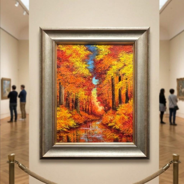 油絵 原画『錦秋のせせらぎ 〜黄金に染まる秘密の森〜』F6号 額縁
