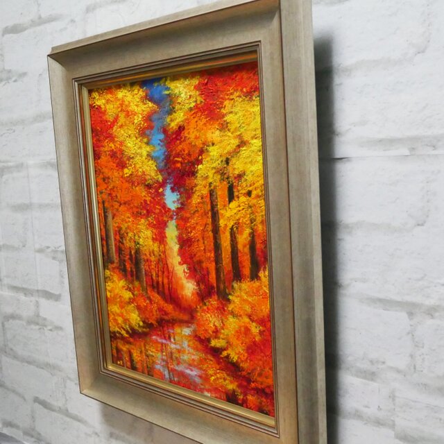 油彩画　「　秋　色　」　原画　額付 油絵 原画『錦秋のせせらぎ 〜黄金に染まる秘密の森〜』F6号 額縁