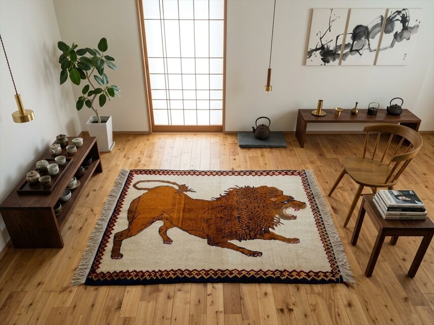 ペルシャ オールドギャッベ ライオン 手織り ラグ 147×105cm キャメル