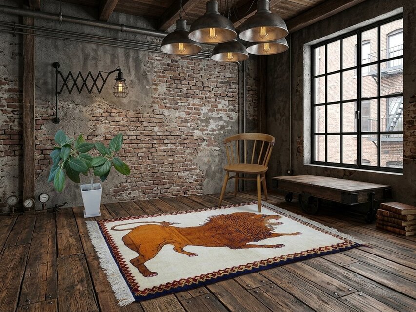 ペルシャ オールドギャッベ ライオン 手織り ラグ 147×105cm キャメル