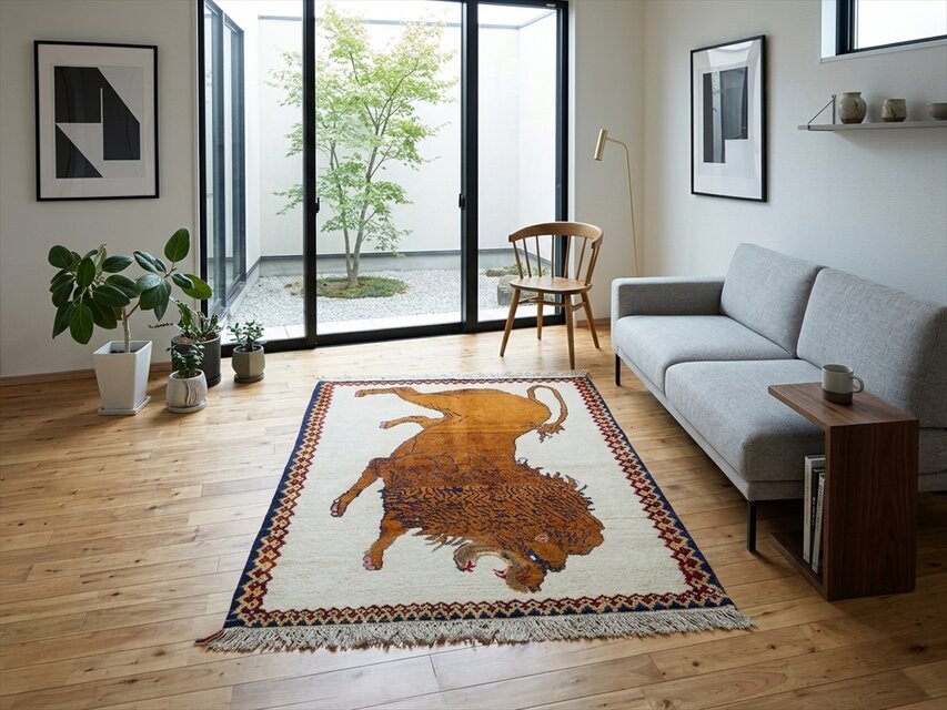 ペルシャ オールドギャッベ ライオン 手織り ラグ 147×105cm キャメル