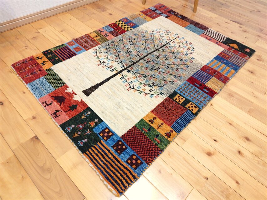 ハンドメイド ペルシャ ギャッベ カシュクリ ラグ 118×81㎝ 生命の木
