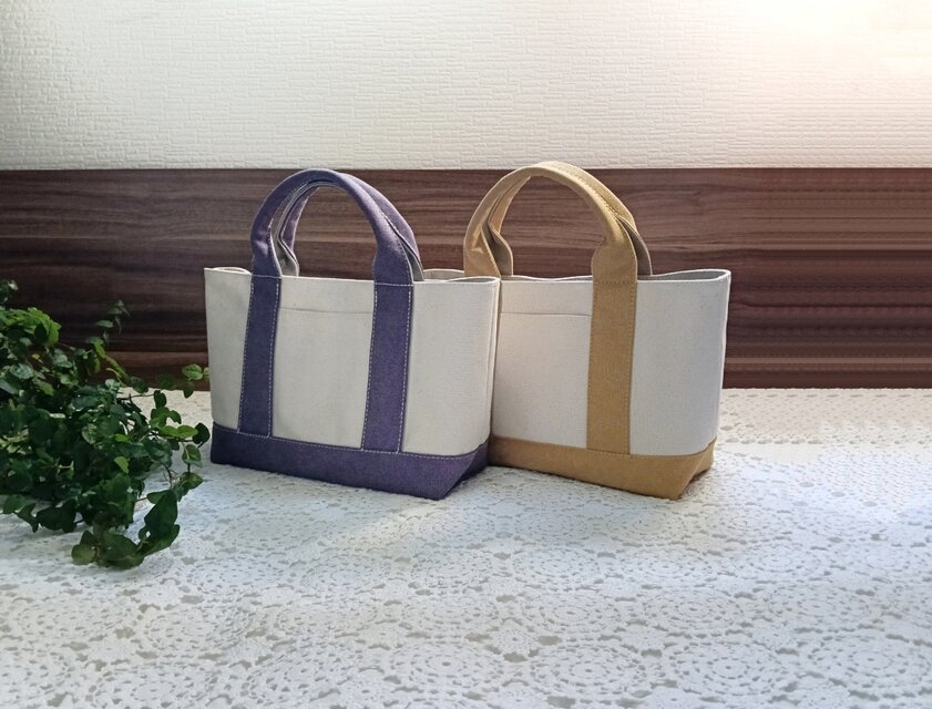 ヴィンテージ加工パープル帆布x帆布の横長トートバッグ | iichi 日々の