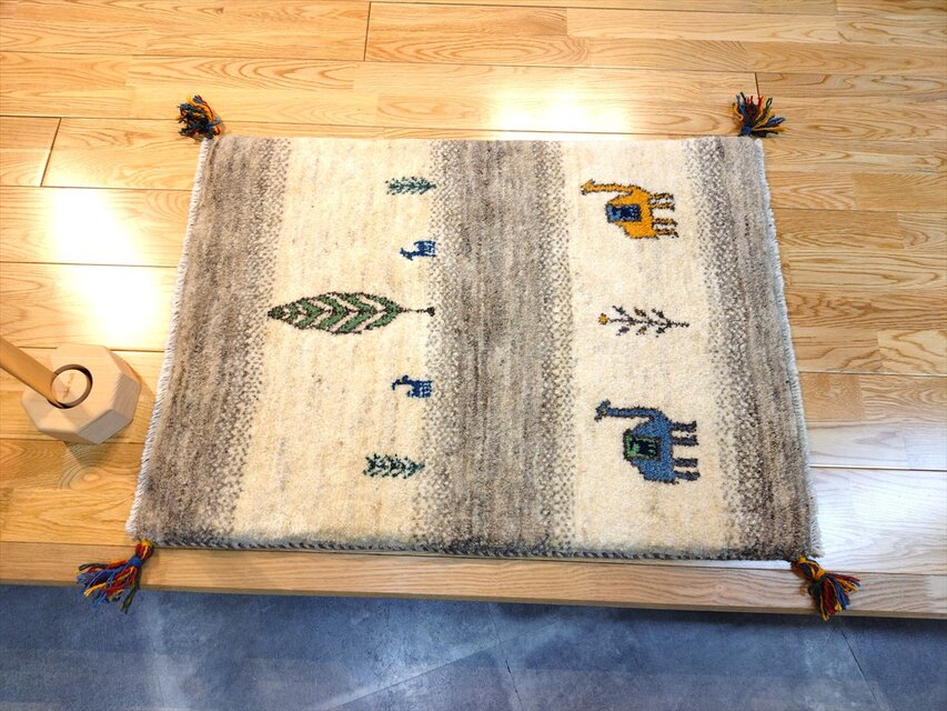 ハンドメイド 天然ウール ペルシャ ギャッベ 玄関マット ラグ 86x62