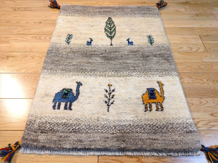 ハンドメイド 天然ウール ペルシャ ギャッベ 玄関マット ラグ 86x62
