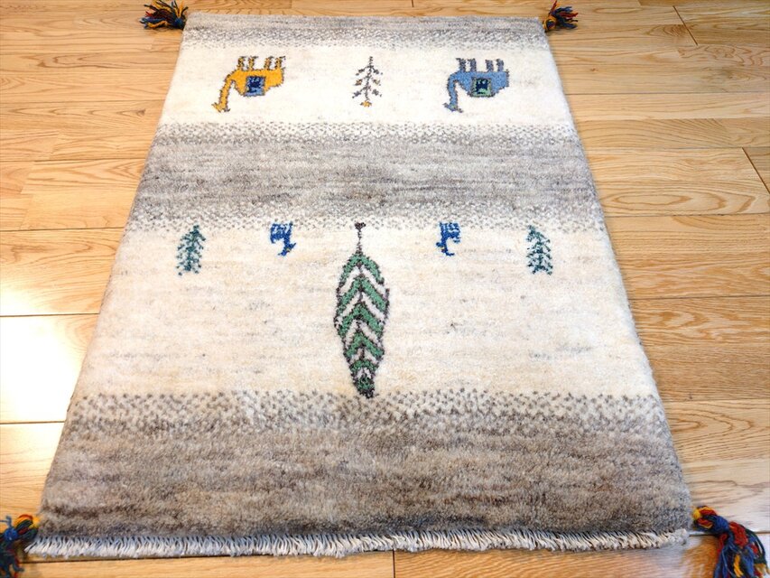 ハンドメイド 天然ウール ペルシャ ギャッベ 玄関マット ラグ 86x62