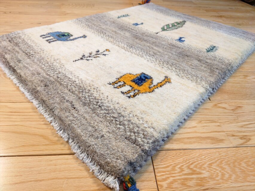 ハンドメイド 天然ウール ペルシャ ギャッベ 玄関マット ラグ 86x62