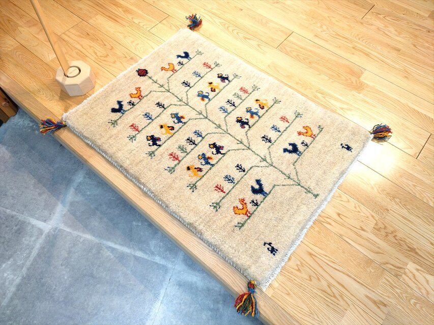 ハンドメイド ペルシャ ギャッベ 玄関マット ラグ 86x63cm 鳥 動物
