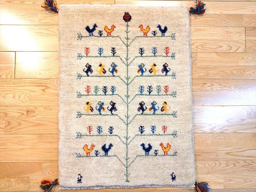 ハンドメイド ペルシャ ギャッベ 玄関マット ラグ 86x63cm 鳥 動物