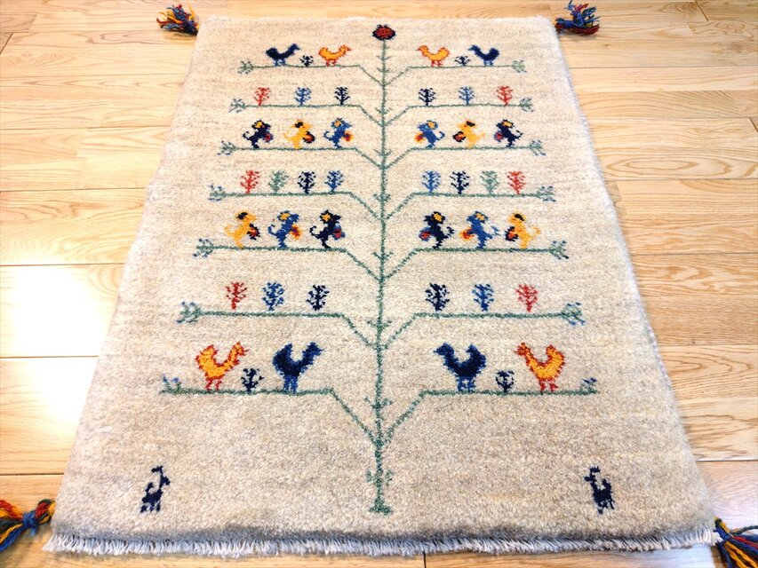 ハンドメイド ペルシャ ギャッベ 玄関マット ラグ 86x63cm 鳥 動物