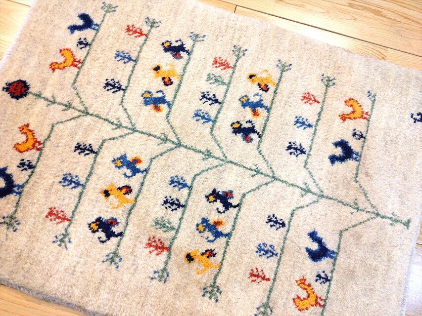 ハンドメイド ペルシャ ギャッベ 玄関マット ラグ 86x63cm 鳥 動物