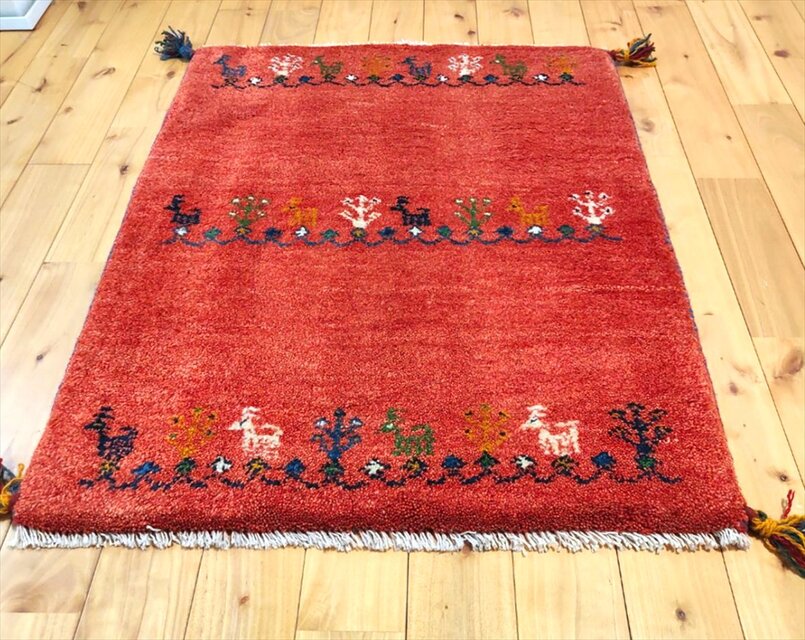 ハンドメイド ペルシャ ギャッベ 玄関マット 86x67cm 生命の木 ヤギ 羊