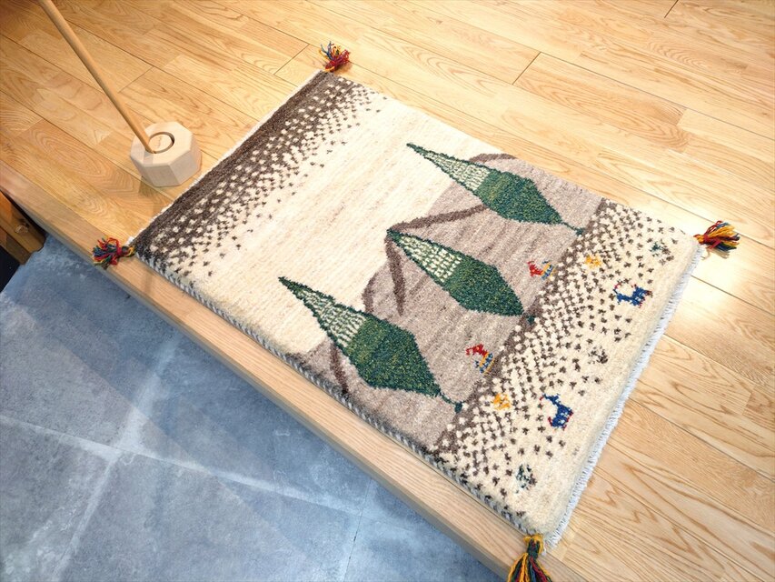 ハンドメイド 天然ウール ペルシャ ギャッベ 玄関マット ラグ 88x60