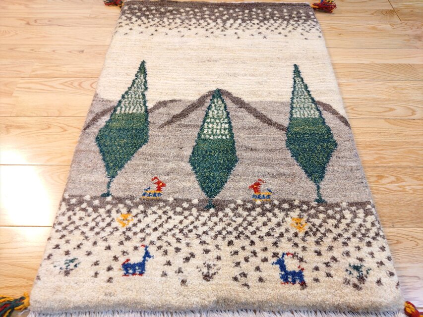 ハンドメイド 天然ウール ペルシャ ギャッベ 玄関マット ラグ 88x60