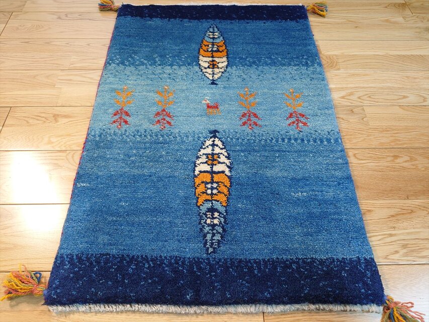 ハンドメイド ペルシャ ギャッベ 玄関マット ラグ 88x60cm ブルー 糸杉