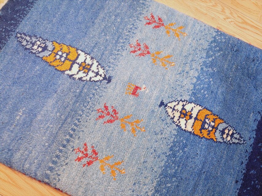 ハンドメイド ペルシャ ギャッベ 玄関マット ラグ 88x60cm ブルー 糸杉