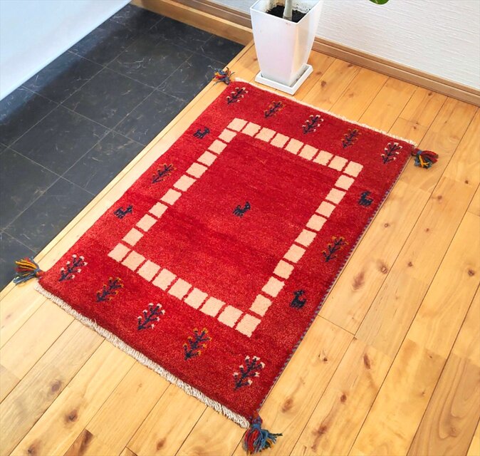 ハンドメイド ペルシャ ギャッベ 玄関マット 87x60cm 生命の木 ヤギ 羊
