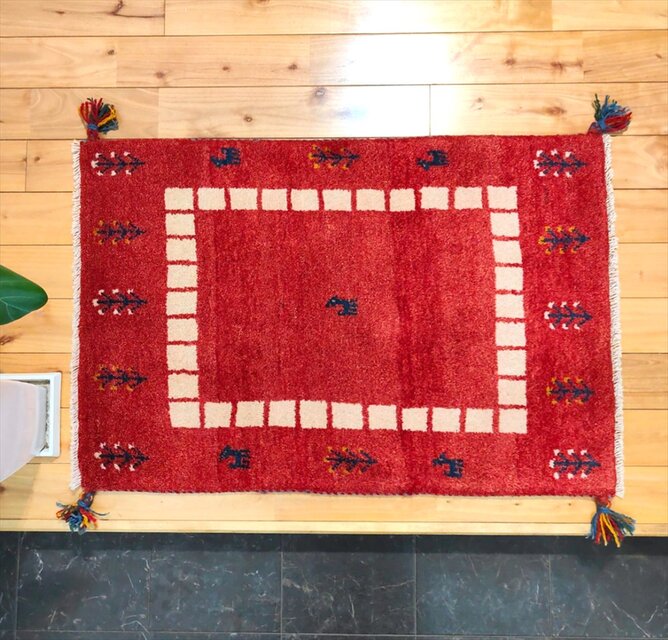 ハンドメイド ペルシャ ギャッベ 玄関マット 87x60cm 生命の木 ヤギ 羊