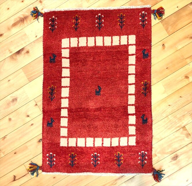 ハンドメイド ペルシャ ギャッベ 玄関マット 87x60cm 生命の木 ヤギ 羊