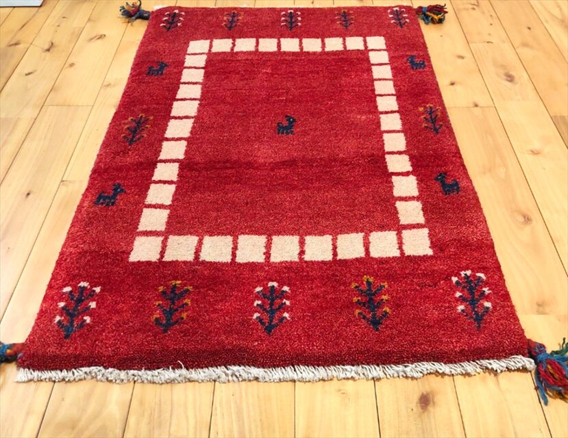 ハンドメイド ペルシャ ギャッベ 玄関マット 87x60cm 生命の木 ヤギ 羊