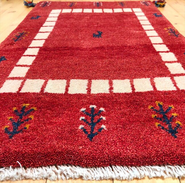 ハンドメイド ペルシャ ギャッベ 玄関マット 87x60cm 生命の木 ヤギ 羊