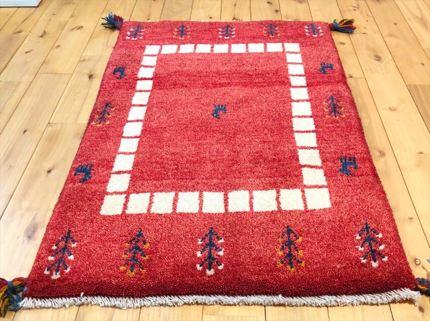ハンドメイド ペルシャ ギャッベ 玄関マット 87x60cm 生命の木 ヤギ 羊